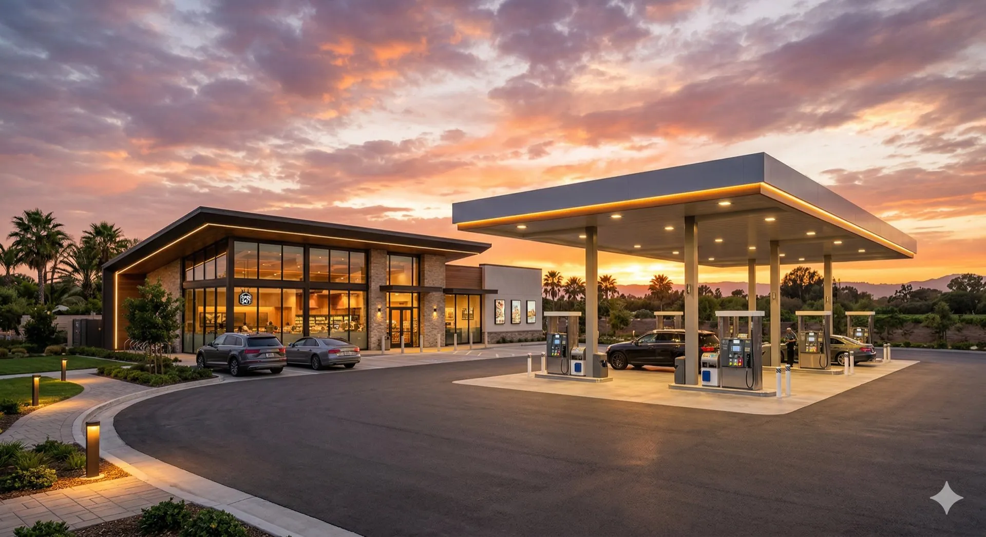 Modern gas station and convenience store at golden hour