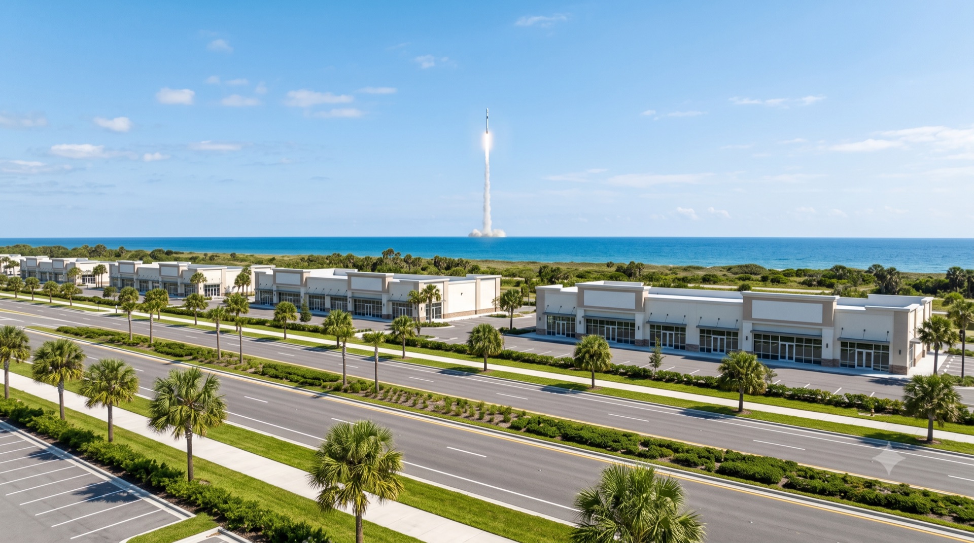 Coastal retail corridor on Florida's Space Coast with a rocket launching offshore